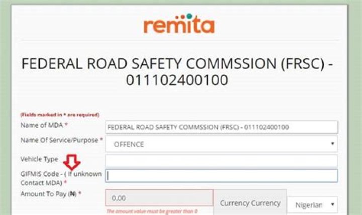 Remita GIFMIS code for FRSC: how to generate and the list