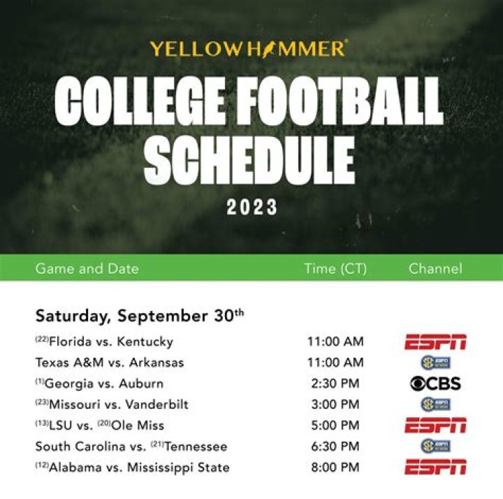 College Football TV Schedule Week 10