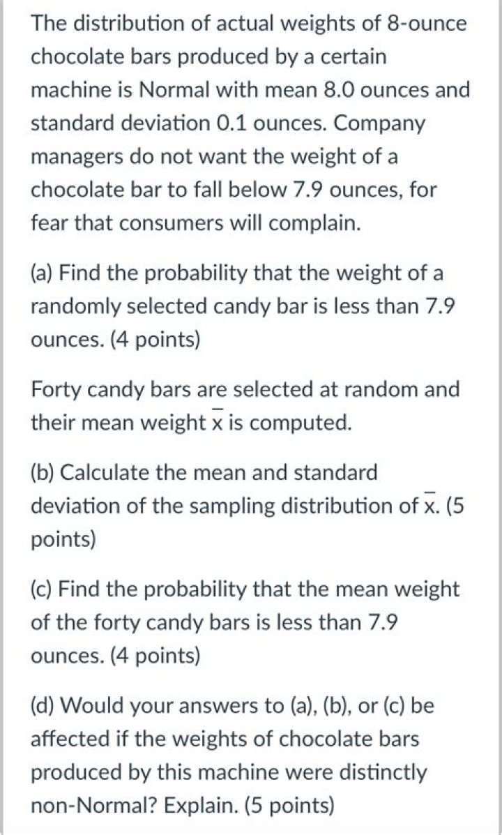 The distribution of actual weights of 8 oz chocolate bars produced by a certain machine is normal wi
